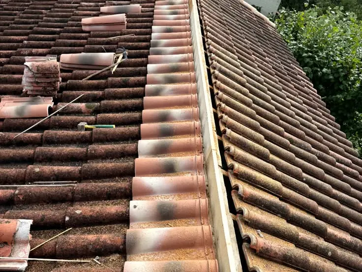 Gouttière et rive neuves posées le long d'une toiture en tuiles